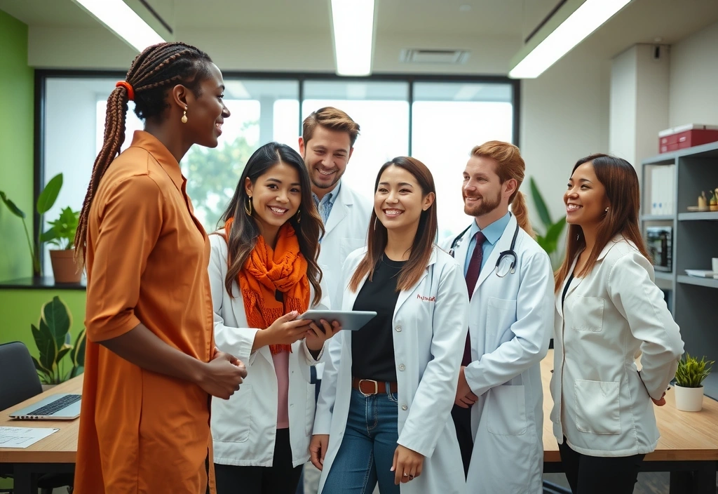 Imagine a echipei Nutrivitalvc zâmbind, o combinație diversă de experți în nutriție, oameni de știință și personal de suport, într-un mediu modern și luminos, sugerând colaborare și expertiză.