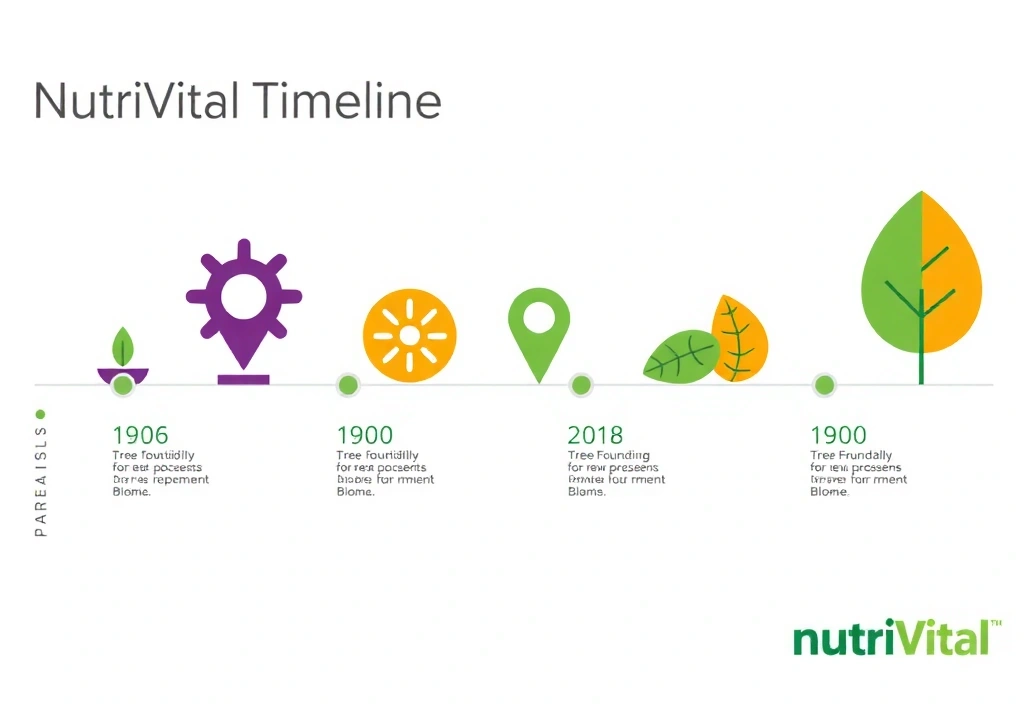 O reprezentare vizuală a unui timeline stilizat, cu puncte cheie marcate, ilustrând evoluția companiei Nutrivitalvc de la înființare până în prezent. Design modern, cu elemente de creștere și progres.