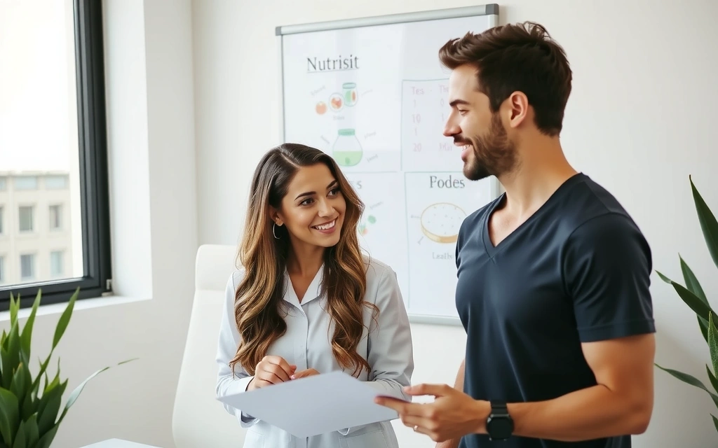 Nutriționist discutând cu un client despre un plan alimentar personalizat